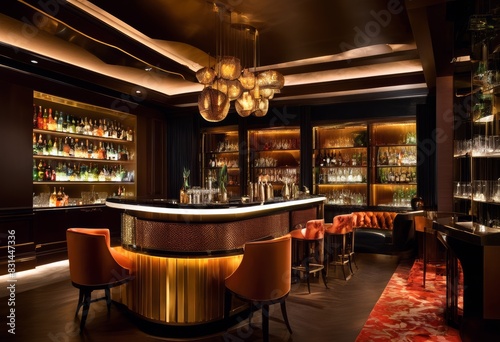 luxurious cocktail lounge showcasing exclusive drink creations, upscale, elegant, sophisticated, classy, fancy, posh, bar, premium, lavish, chic, swanky, stylish, designer photo