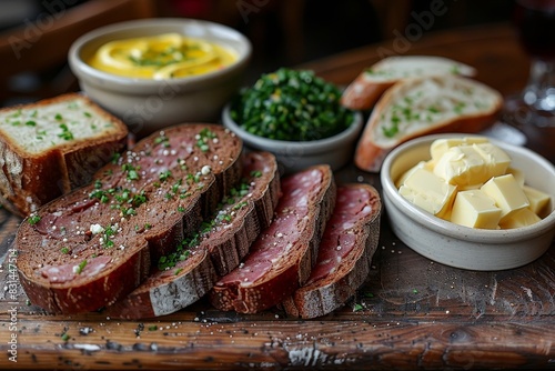 Pumpernickel - Dark, dense rye bread with a side of butter and ham.
