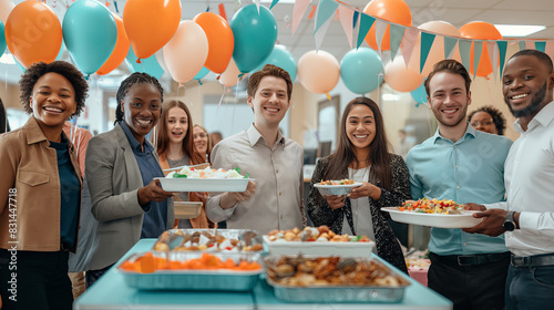 Diverse Group of Friends Enjoying a Catered Party with Festive Decorations