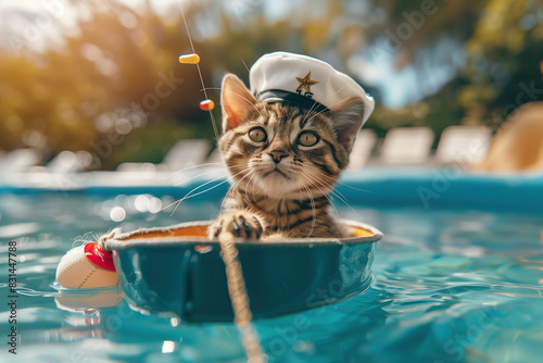 A cat wearing a sailors hat sits in a pool, enjoying a summer day in a relaxed and funny manner. photo