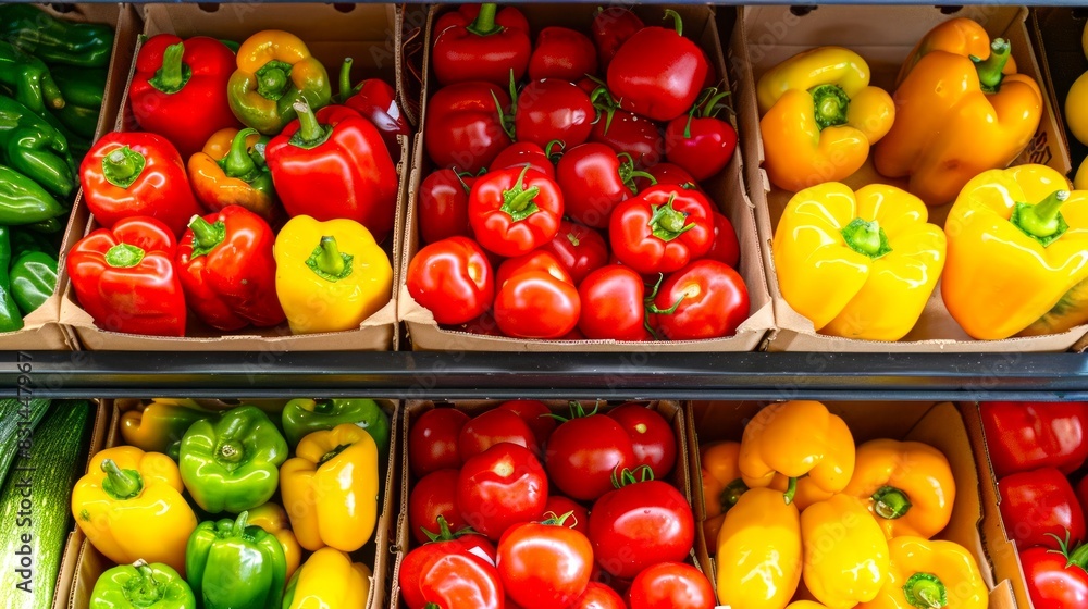 Fresh vegetables neatly arranged in market crates. Assorted produce, colorful vegetables, grocery display, healthy eating concept Fresh vegetables neatly arranged in market crates. Assorted produce, colorful vegetables, grocery display, healthy eating concept