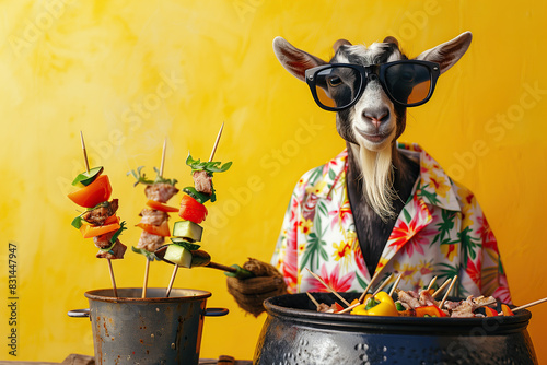 A goat wearing sunglasses and a robe stands in front of a pot of food, embodying a summer vibe of relaxed fun.