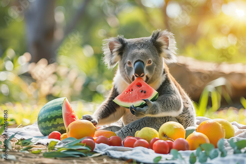A koala bear is enjoying a piece of watermelon in a summer setting, showcasing relaxed fun. photo