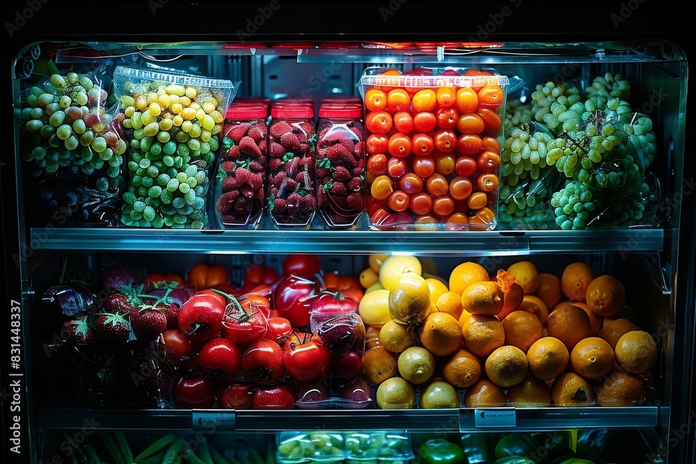 Vibrant grocery display with assorted fresh fruits and vegetables in a colorful and organized arrangement Vibrant grocery display with assorted fresh fruits and vegetables in a colorful and organized arrangement
