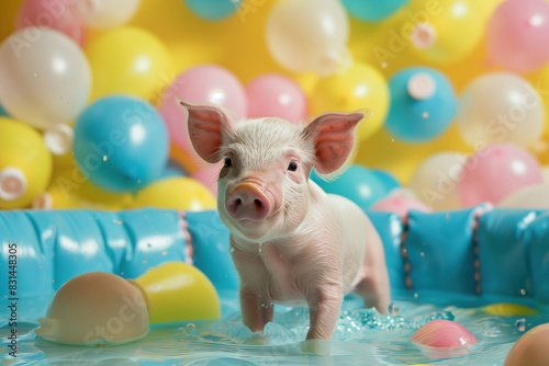 A small pig stands in a pool of water, enjoying a moment of relaxation in the summer heat