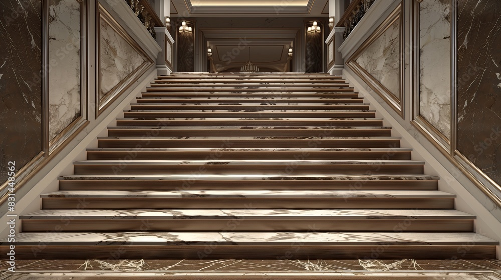 A grand staircase with a seamless transition from marble to hardwood steps A grand staircase with a seamless transition from marble to hardwood steps