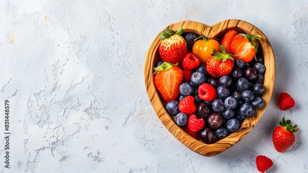 Heart-shaped wooden bowl with assorted berries including strawberries raspberries and blueberries. Fresh colorful fruit mix. Healthy diet, sweet dessert. Banner. Copy space. Foods for healthy heart Heart-shaped wooden bowl with assorted berries including strawberries raspberries and blueberries. Fresh colorful fruit mix. Healthy diet, sweet dessert. Banner. Copy space. Foods for healthy heart