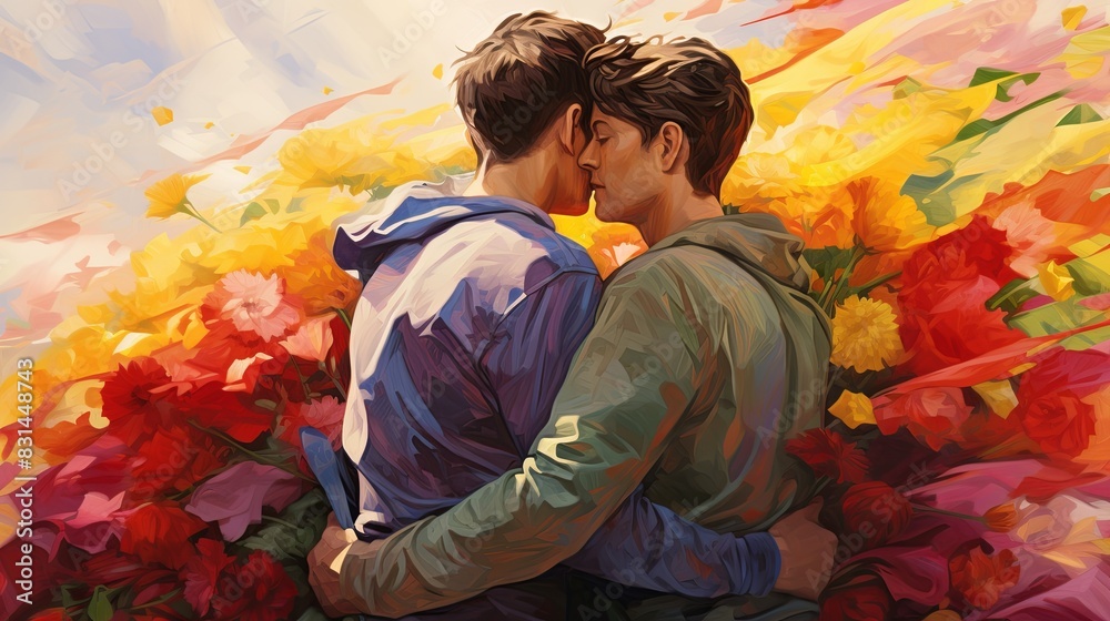 Embracing Diversity: Two Men Wrapped in Pride Flag with Floral Accents in High Detail Digital Art Embracing Diversity: Two Men Wrapped in Pride Flag with Floral Accents in High Detail Digital Art