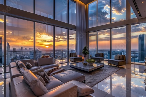 Modern luxury penthouse living room with floor-to-ceiling windows  sleek furniture  and panoramic cityscape views at sunset
