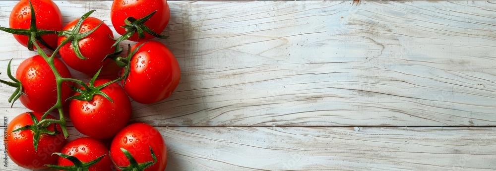 Fresh cluster of ripe red tomatoes with green stems on a wooden surface. Vegetables, organic produce, healthy eating, natural food concept. . Banner. Copy space Fresh cluster of ripe red tomatoes with green stems on a wooden surface. Vegetables, organic produce, healthy eating, natural food concept. . Banner. Copy space