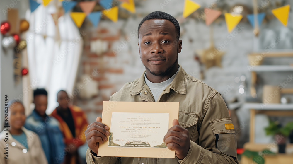 Proud Young Man Holding a Certificate of Achievement at a Celebration Event Proud Young Man Holding a Certificate of Achievement at a Celebration Event