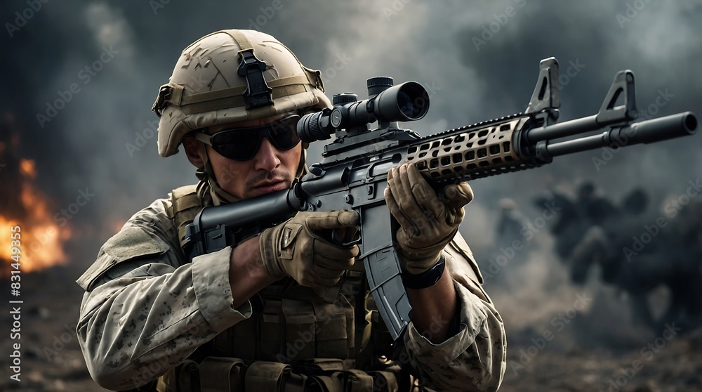 A close up of a person holding a rifle. Suitable for military or hunting themes, ai generative A close up of a person holding a rifle. Suitable for military or hunting themes, ai generative