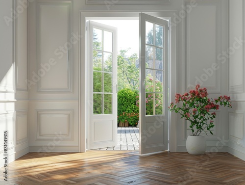 A large open door with a window in it. The room is empty and has a lot of natural light coming in