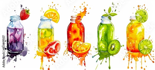 Colorful watercolor bottles with fruits and herbs. Beverage illustration. Watercolour art, drink variety, food and drink concept. Fruit juices in glass bottles. Isolated on white background