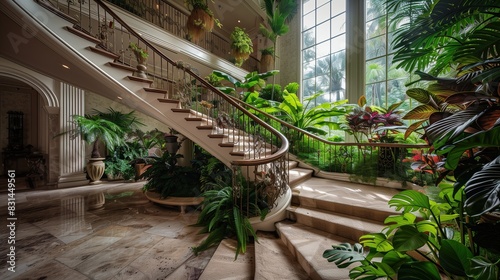 A grand staircase with a lush indoor garden along the stairwell