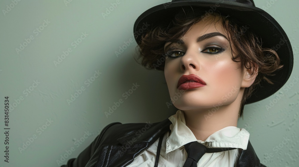 portrait of woman in black suit and hat portrait of woman in black suit and hat