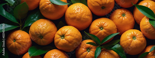 Luscious mandarins or oranges with vibrant green leaves creating an enticing background that celebrates the beauty of nature's bounty. photo