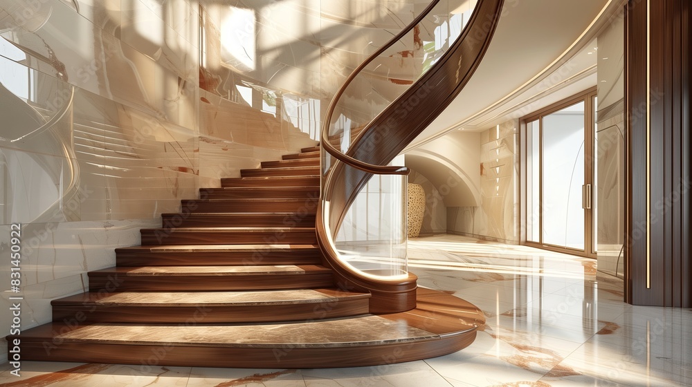 A luxurious staircase with a seamless blend of exotic woods and metals A luxurious staircase with a seamless blend of exotic woods and metals