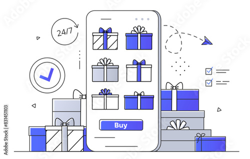 Online shopping concept. Mobile application with presents and gift boxes. Prize and special offers for regular customers and clients. Commerce and marketing. Linear flat vector illustration