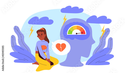 Girl in bad mood. Kid suffer from emotional pain. Negative feelings and emotions. Child with mental issues and psychological problems. Flat vector illustration isolated on white background