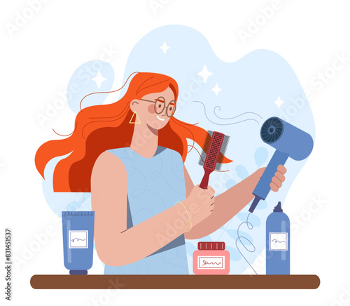 Hair styling woman. Young redheaded girl with hairdryer and hair comb. Shampoo and lotion. Beauty industry and hair care. Aesthetics and elegance. Flat vector illustration isolated on white background