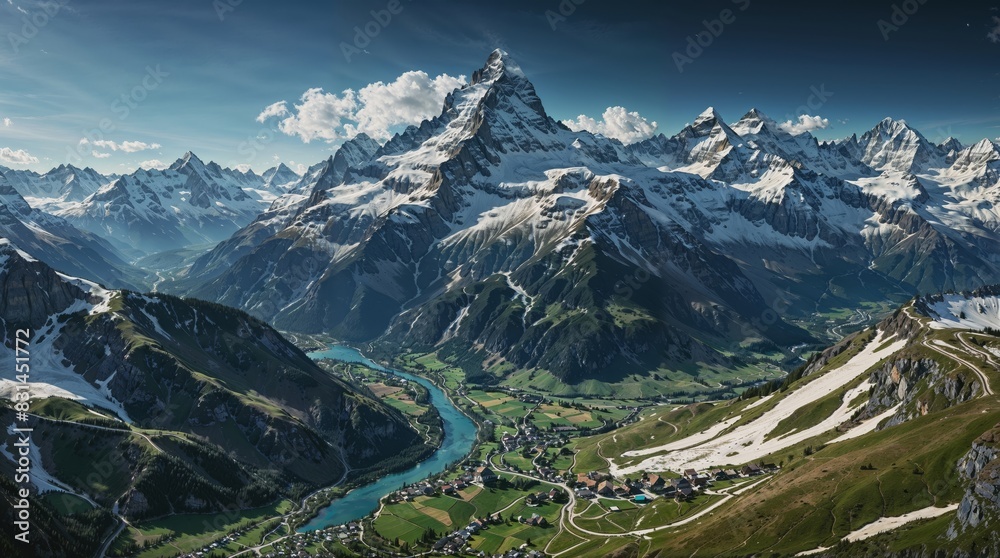 Majestic Swiss Alps showcasing snow-capped peaks, a turquoise river, and charming villages under a bright daytime sky