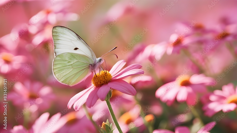Delicately pink romantic natural floral background with a white butterfly on flower in soft daylight with beautiful bokeh and pastel colors, close-up macro