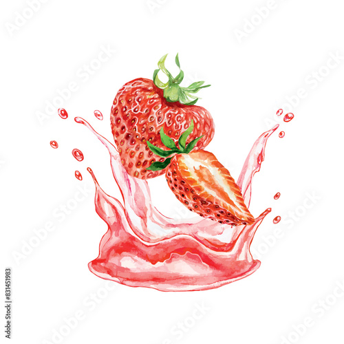 Strawberries and juice splashes watercolor. Whole and half berries. Vector illustration. For cards, menus, posters, covers, banners, drink labels, cosmetics.