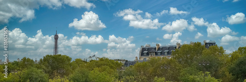 Panoramic view of the Eiffel Tower and a historic building visible behind trees in Paris, France