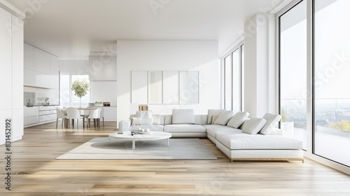 White and spacious living room with modern decor and large windows. Ideal for high-end real estate and contemporary home designs.