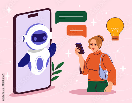 Woman with robot answering machine. Young girl talking to artificial intelligence. Virtual helper and assistant answering to customer questions. Person chatting on internet. Flat vector illustration