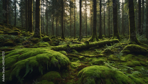 Lush Scandinavian forest filled with towering trees and abundant green moss covering the ground. photo