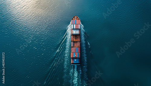 container ship sailing in the ocean top view