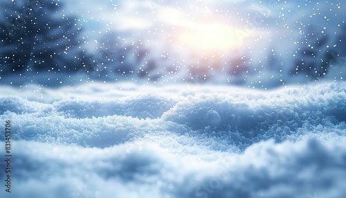 Winter snow background with beautiful light and snowflakes on the blue sky, snowdrifts and bokeh circles, banner format with copy space, winter wonderland, snowy landscape. © Na ZIm