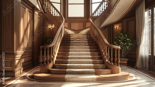 A luxurious staircase with a custom-designed runner and a handcrafted wooden balustrade