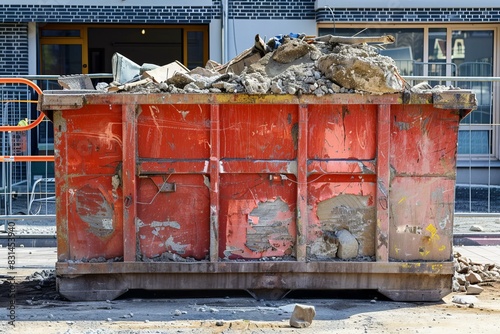 Full dumpster with building debris in an urban construction zone indicating ongoing work