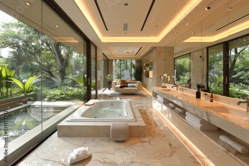 Luxurious bathroom with large windows, soaking tub, and lush greenery providing a serene spa like experience © Leo
