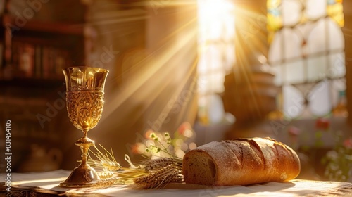 Altar with golden chalice and fresh bread in warm sunlight, representing unity and communion photo