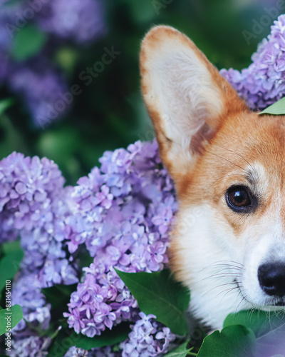 corgi puppy with flower photo