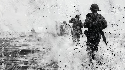 Graphic illustration of soldiers landing on a beach during war, black and white tones to create a historical, archival feel and captures the intensity and bravery of the moment photo