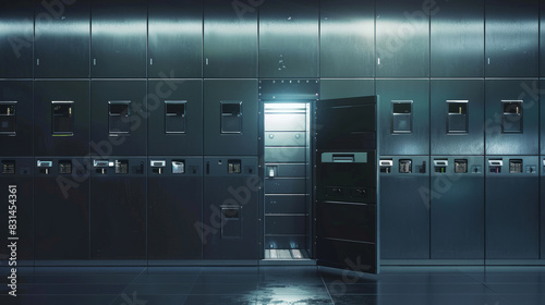 Advanced automated locker system with open compartment in a dark facility. Concept of high-security storage and advanced technology photo