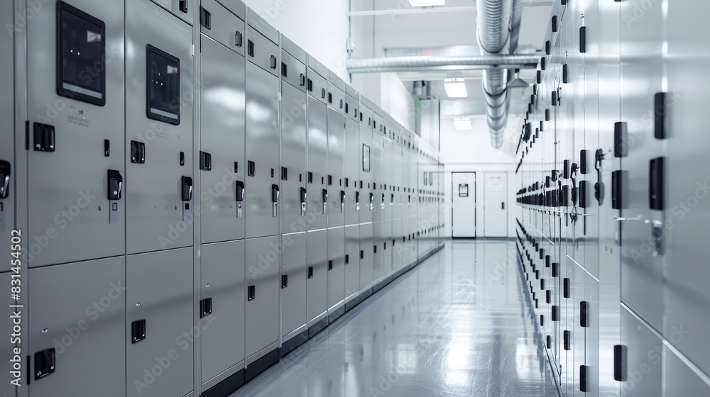 Long row of automated lockers in an industrial facility. Concept of efficient storage solutions and modern technology Long row of automated lockers in an industrial facility. Concept of efficient storage solutions and modern technology