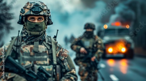 Soldiers in Tactical Gear on Battlefield. Generative ai © Scrudje
