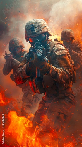 Soldiers in Combat with Fire and Smoke. Generative ai © Scrudje