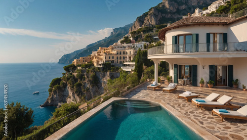 Luxurious villa on Amalfi Coast, panoramic sea views, cliffside terraces. © xKas