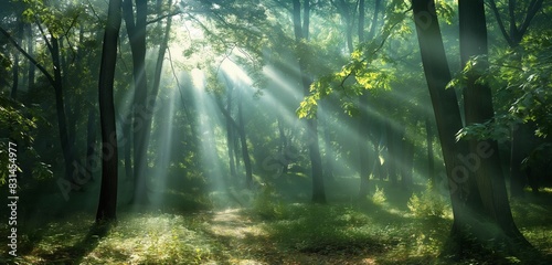 A serene forest scene  with sunlight filtering through the canopy to create a mesmerizing pattern of light and shadow  accompanied by the soft rustle of leaves in the breeze.  