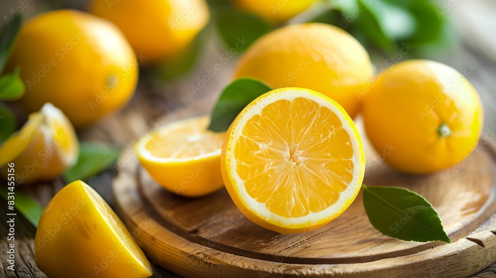 a wooden plate topped with sliced lemons and leaves a wooden plate topped with sliced lemons and leaves