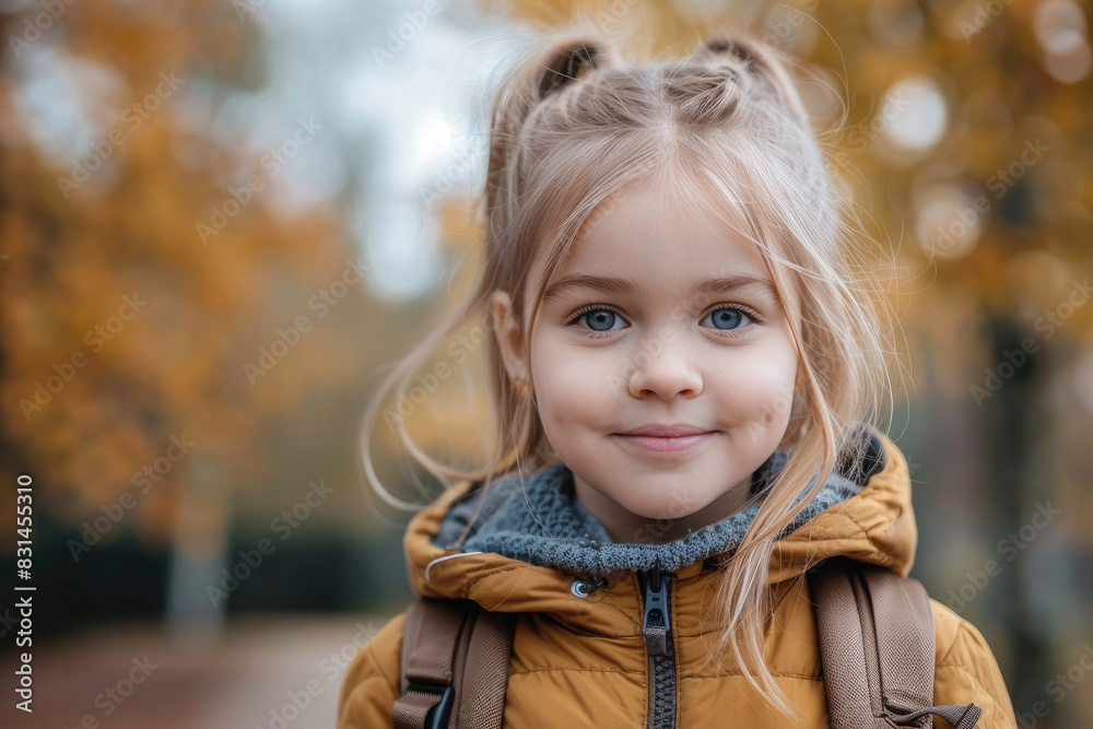 A happy little girl looking at camera ready to go back to school, early autumn