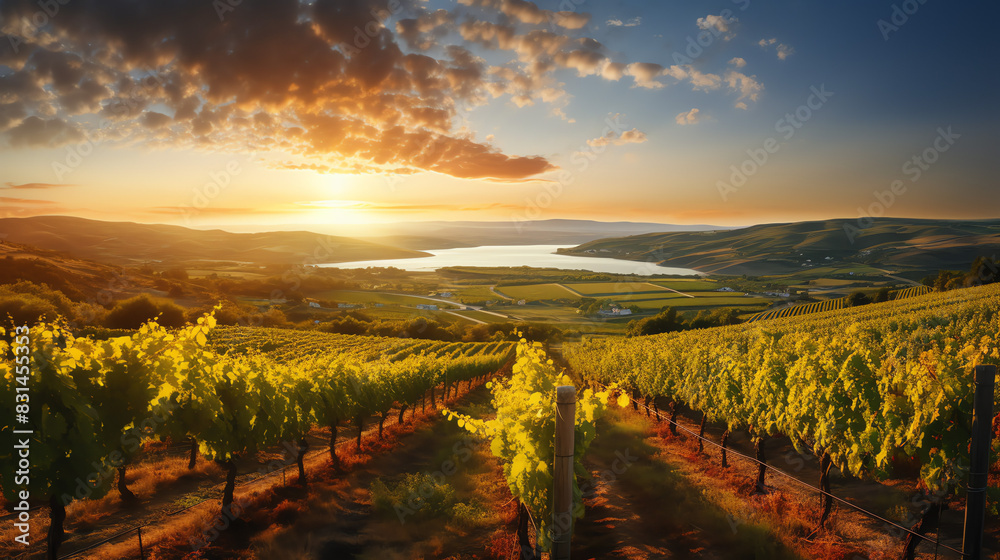  a lush, green vineyard with rows of grape vines and a beautiful sunset in the background.