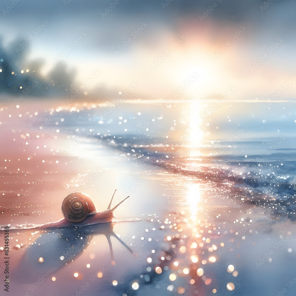 Naklejka premium Sunlit Seashore Serenity Snail Encounters Amidst Coastal Beauty Microstock Image